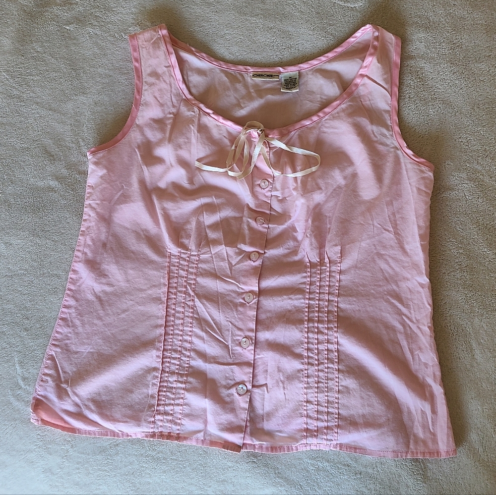 Cherokee Light Pink Pleated Cottagecore Peasent Cotton Button Tank Top Size M